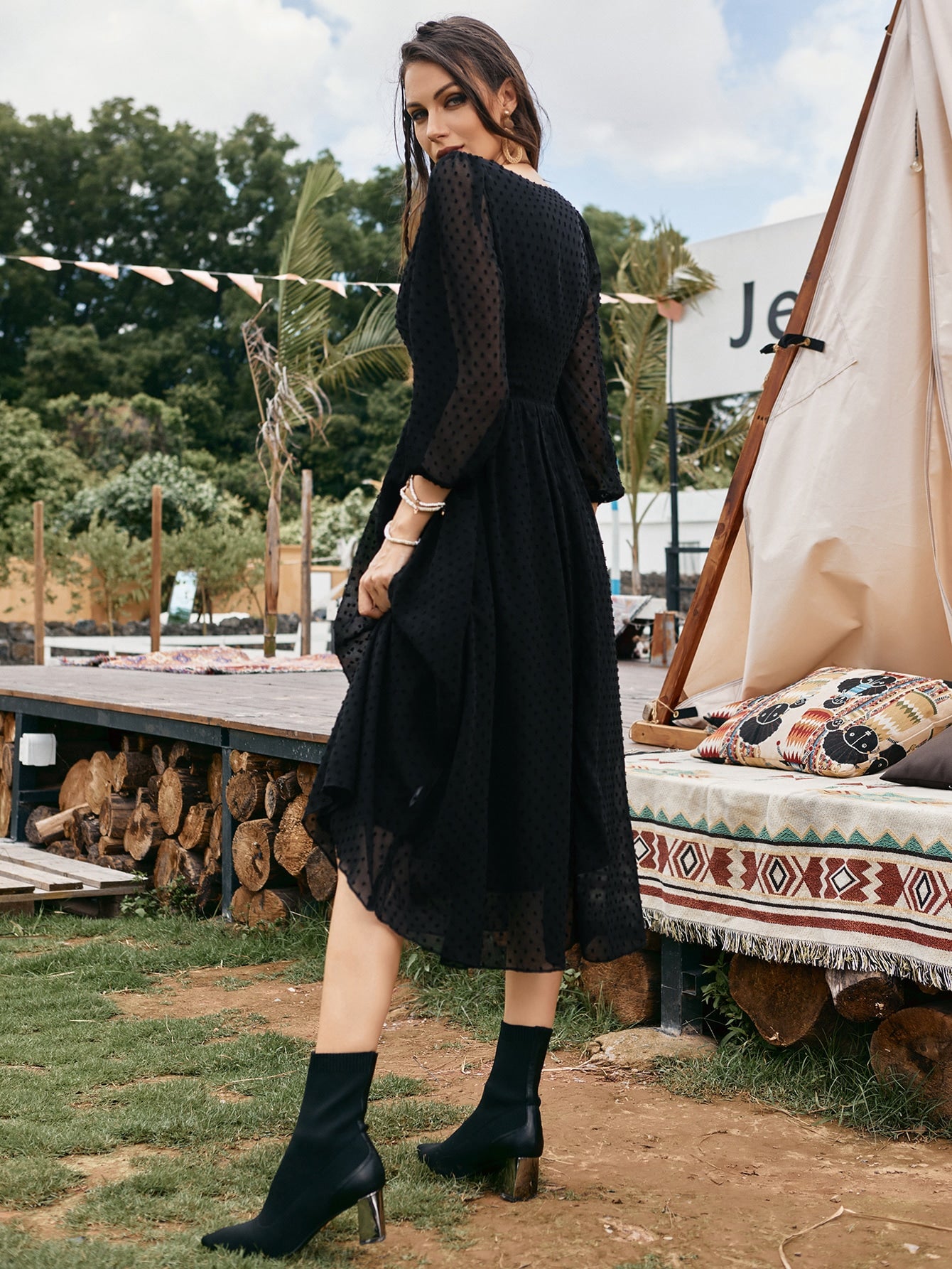 Swiss Dot V-neck A-line Dress