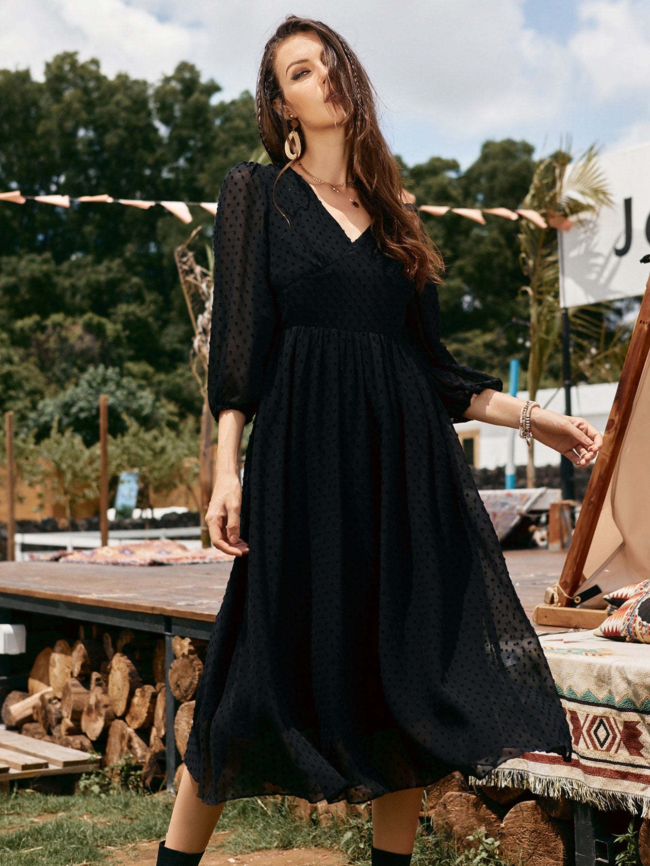 Swiss Dot V-neck A-line Dress