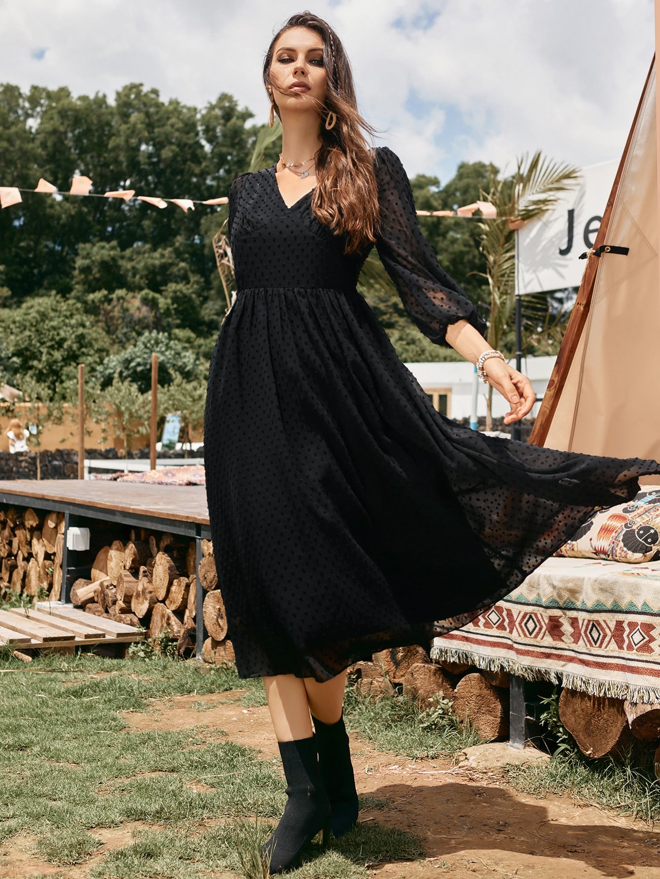 Swiss Dot V-neck A-line Dress