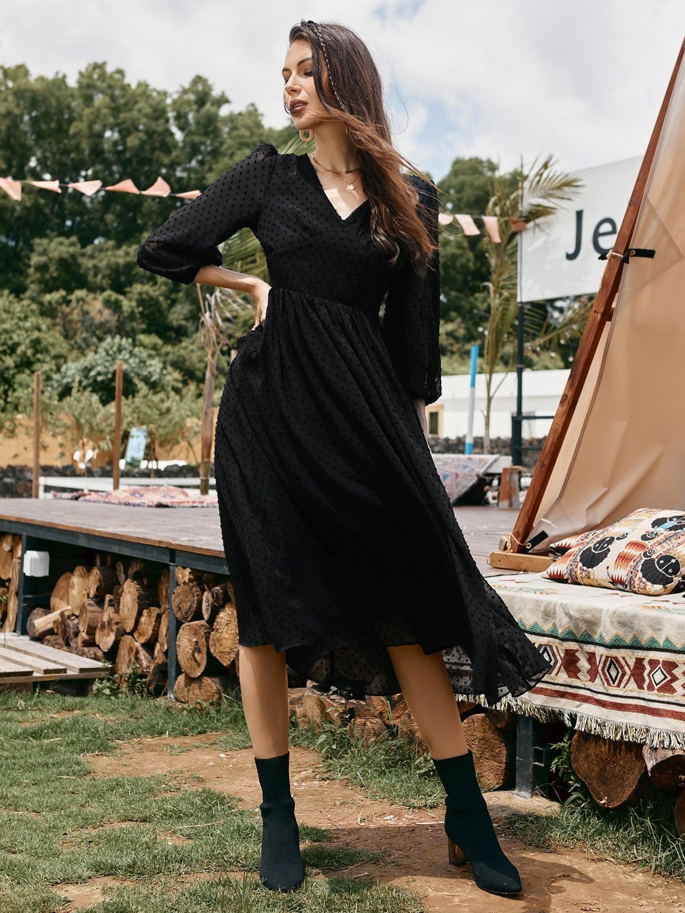 Swiss Dot V-neck A-line Dress