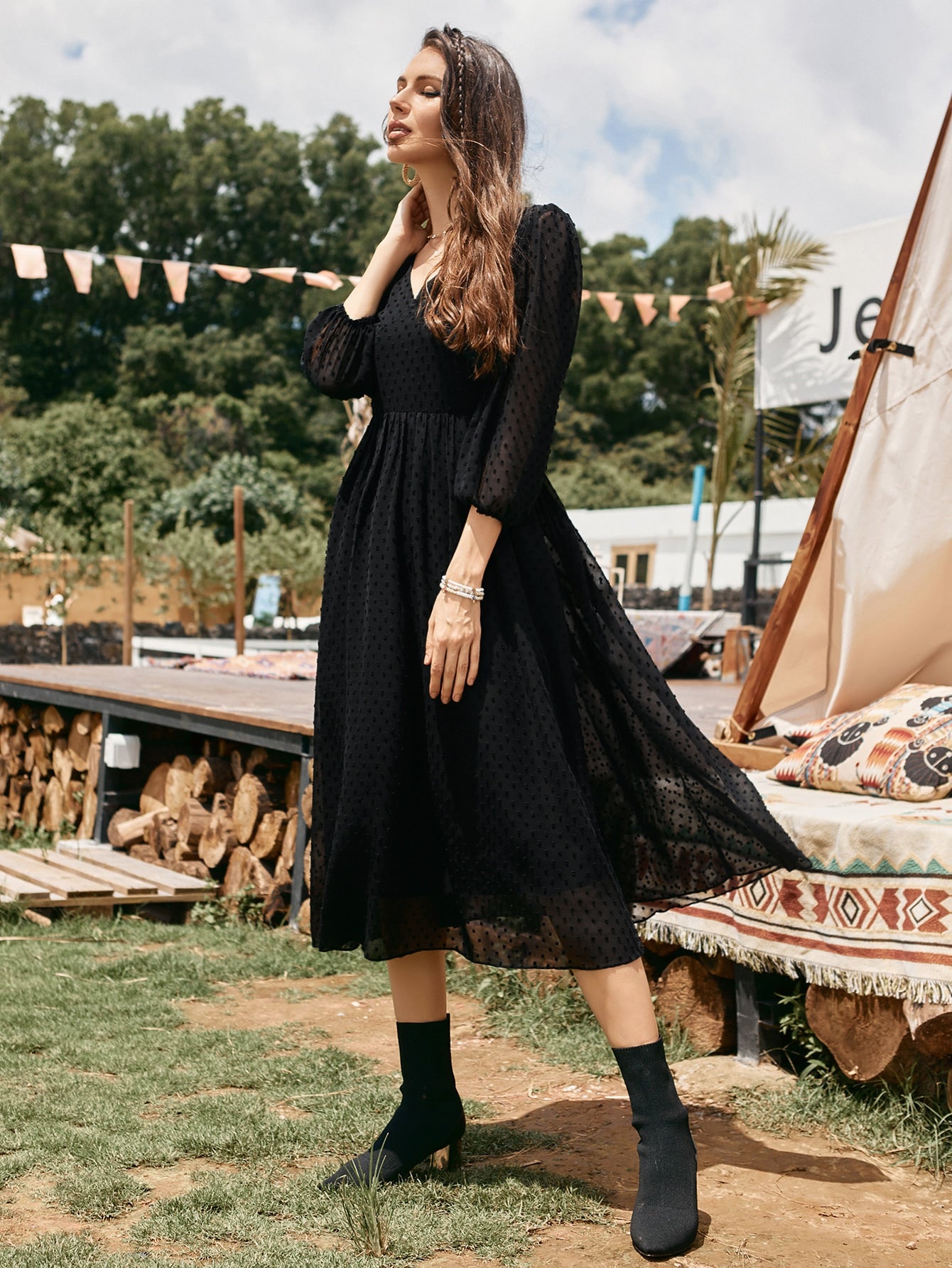 Swiss Dot V-neck A-line Dress