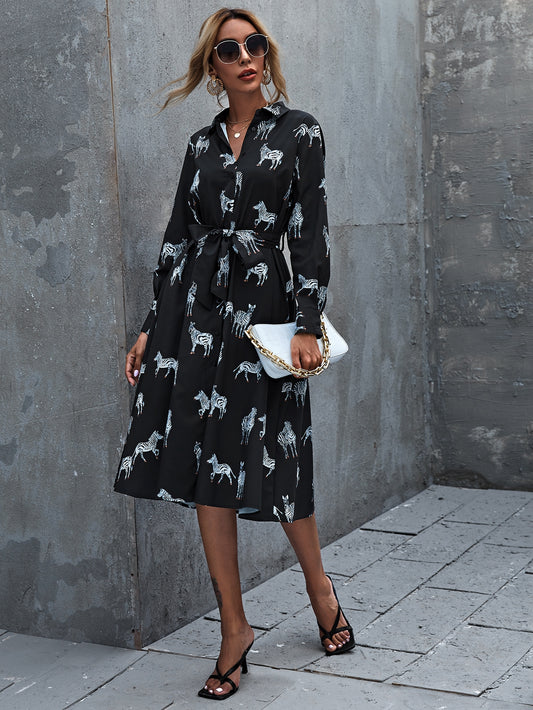 Zebra Print Self Tie Shirt Dress
