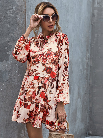 Floral Print Frill Trim Tie Neck Smock Dress