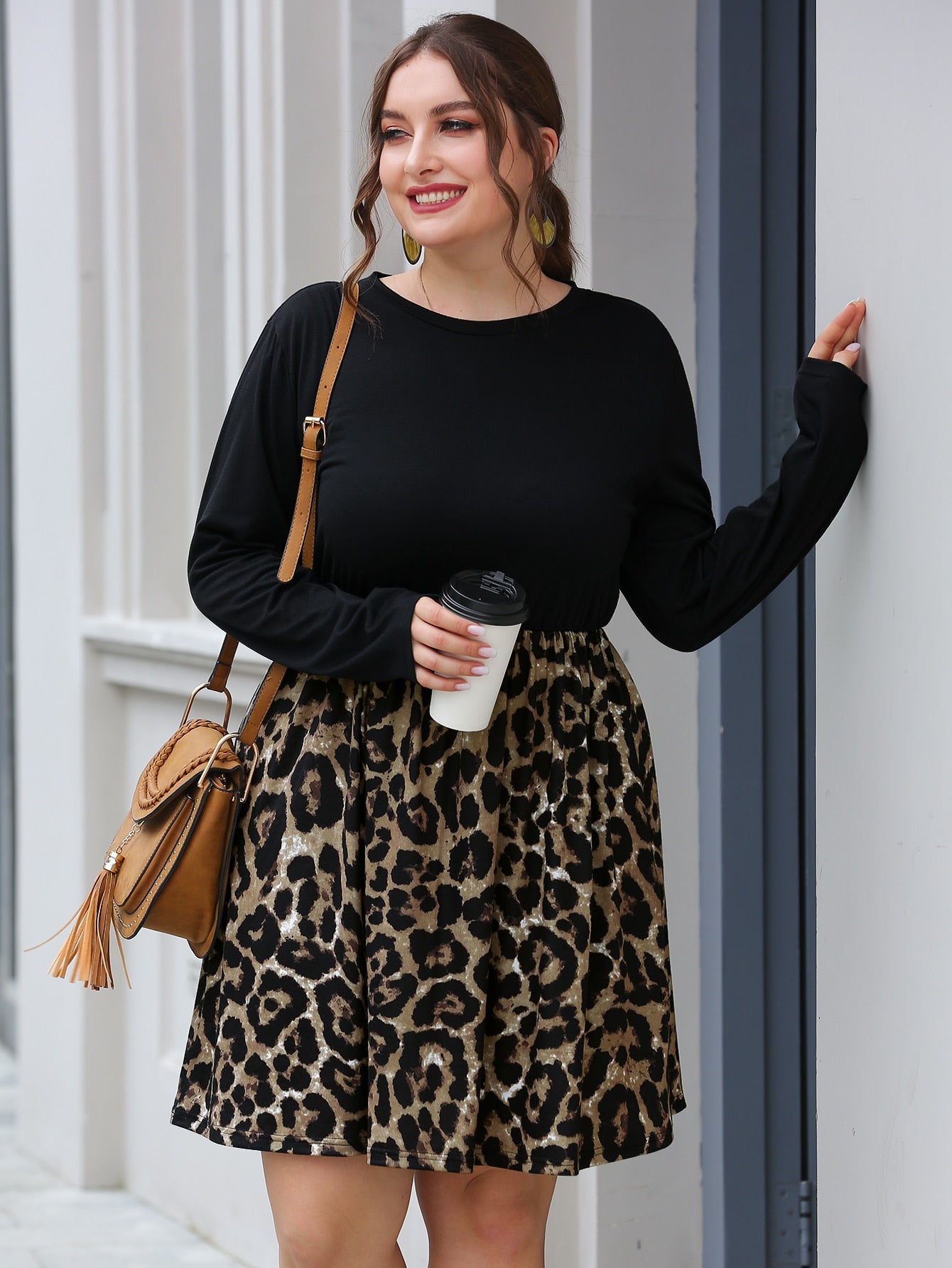 Plus Contrast Leopard Panel A-line Dress