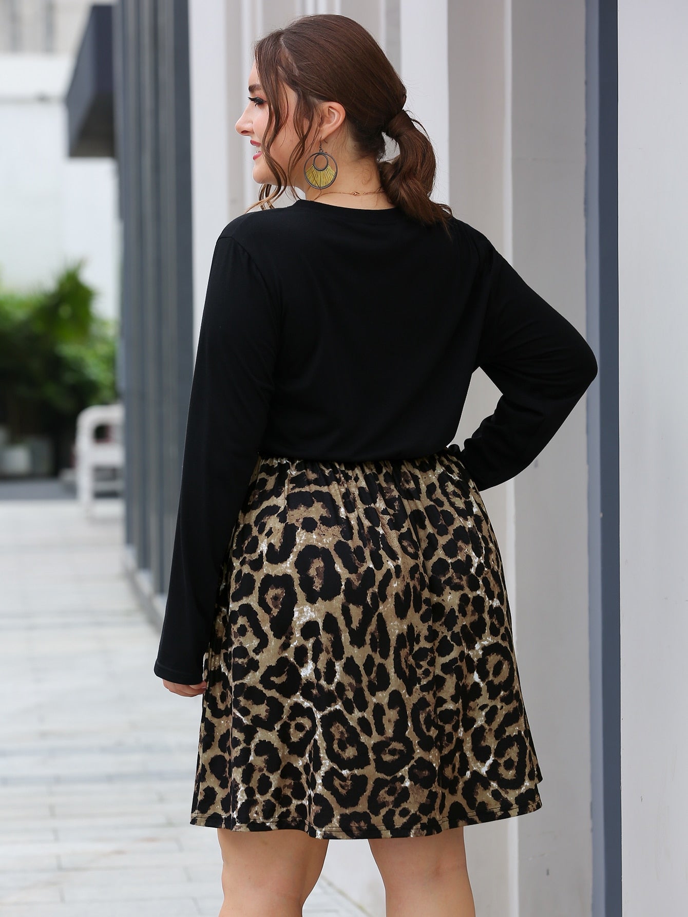 Plus Contrast Leopard Panel A-line Dress