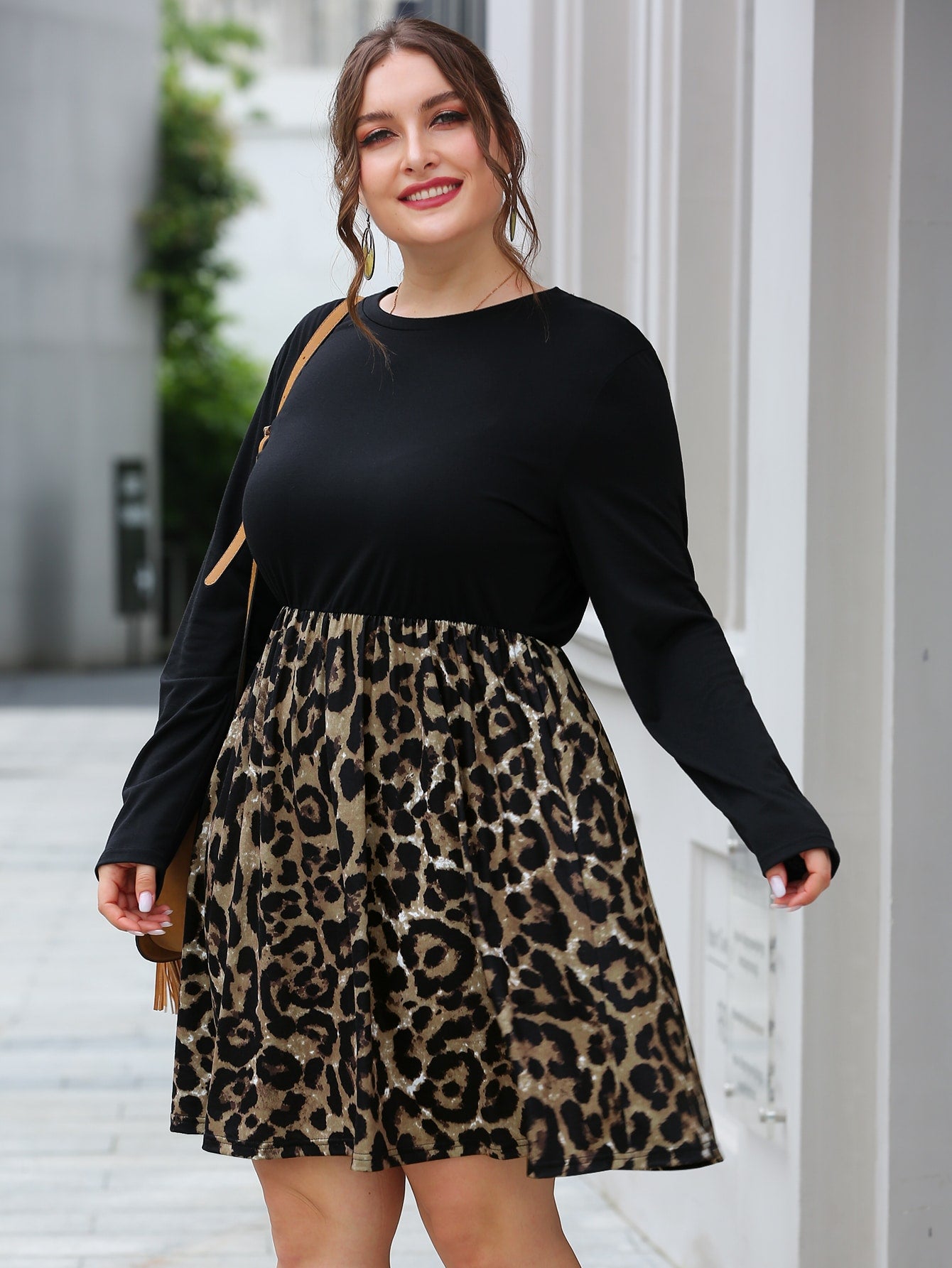 Plus Contrast Leopard Panel A-line Dress