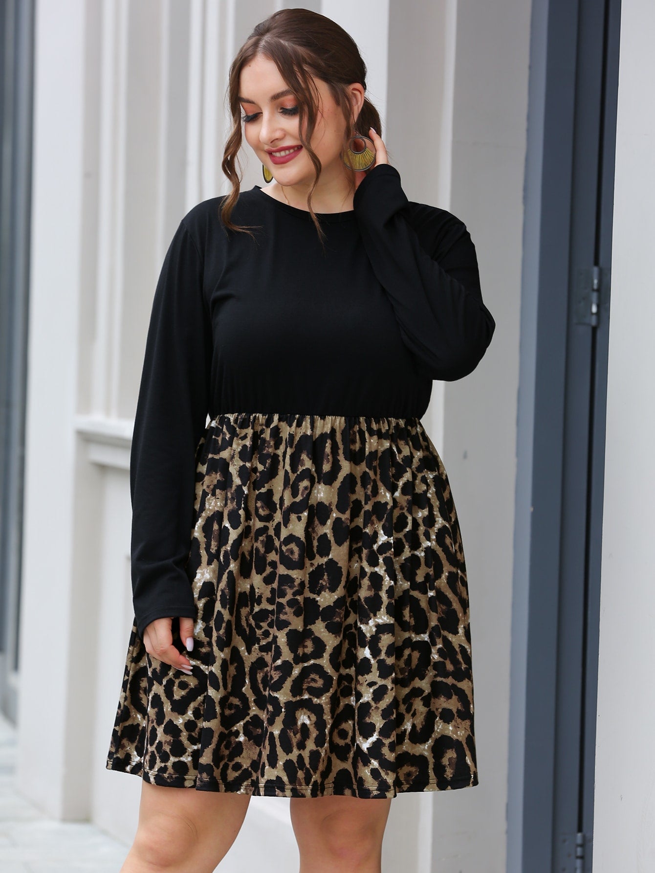 Plus Contrast Leopard Panel A-line Dress