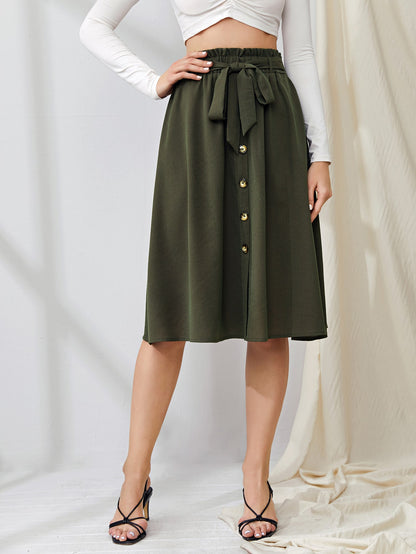 Button Front Self Tie Flared Skirt