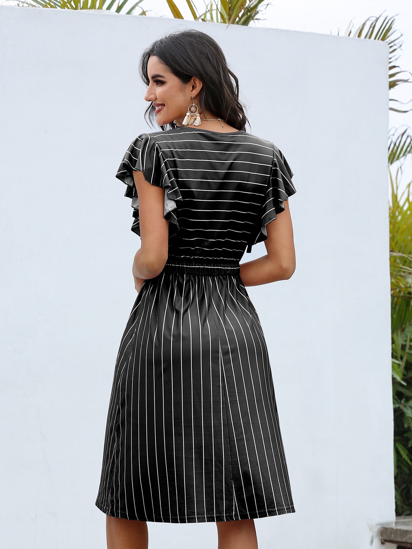 Butterfly Sleeve Striped Tie Front A-line Dress