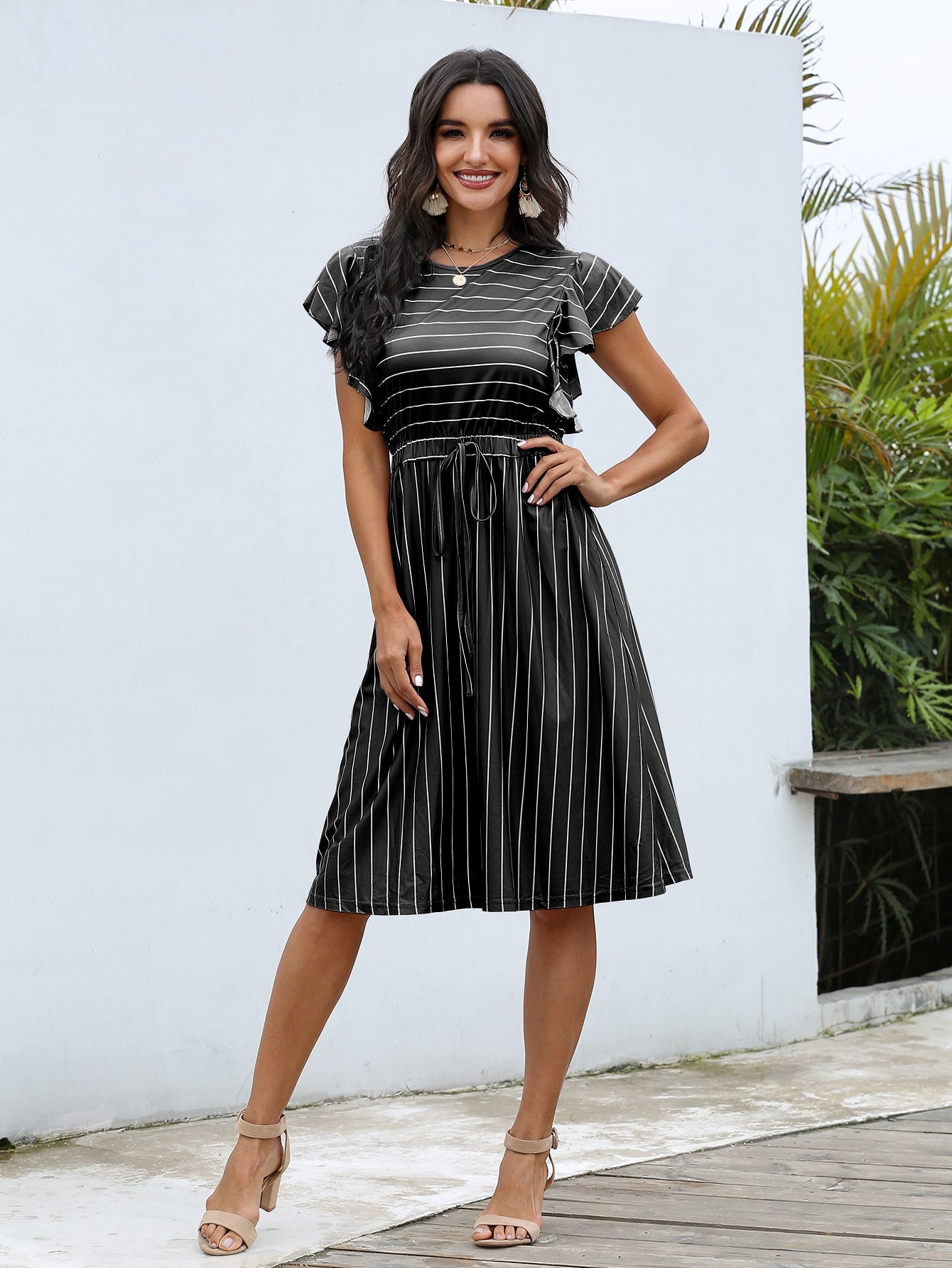 Butterfly Sleeve Striped Tie Front A-line Dress