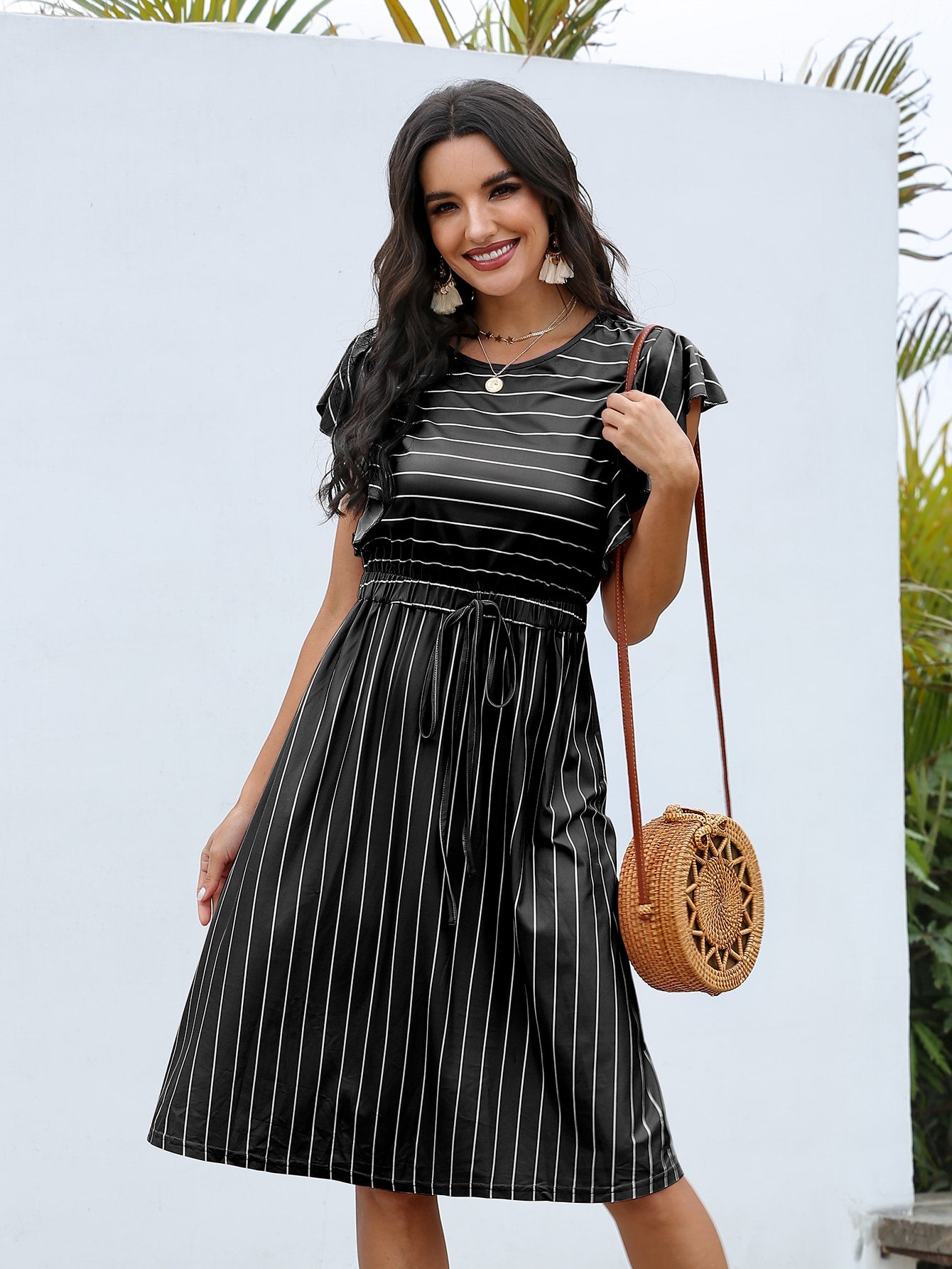 Butterfly Sleeve Striped Tie Front A-line Dress