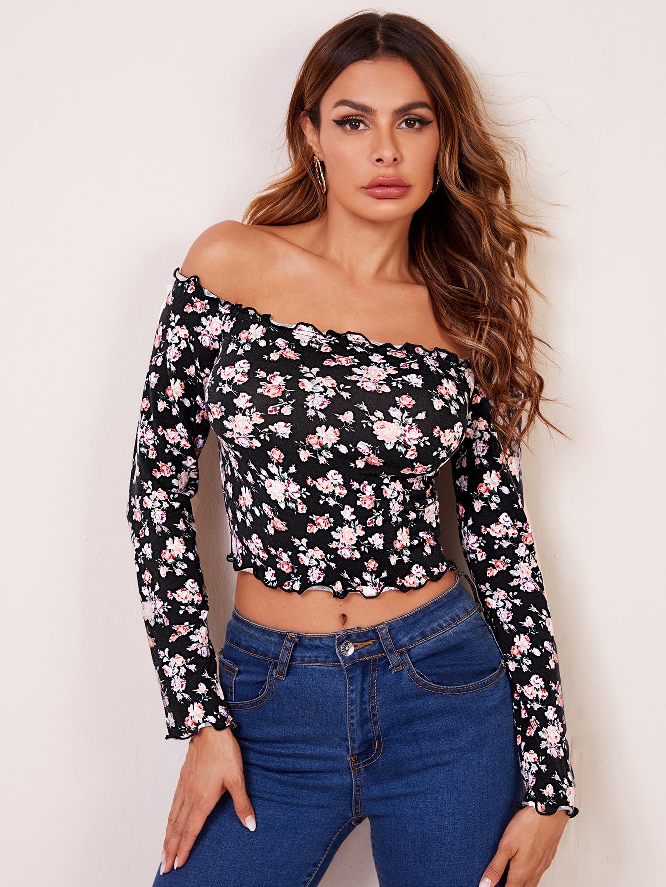 Floral Print Lettuce Trim Off Shoulder Top