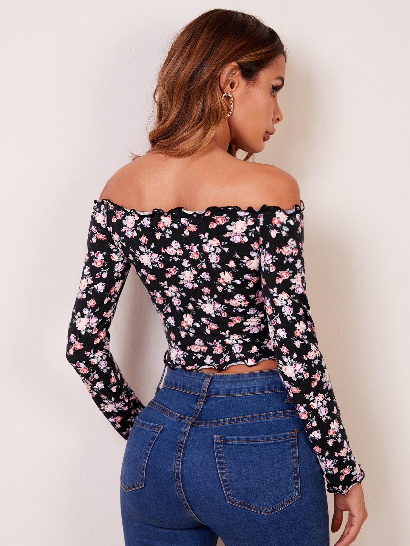 Floral Print Lettuce Trim Off Shoulder Top