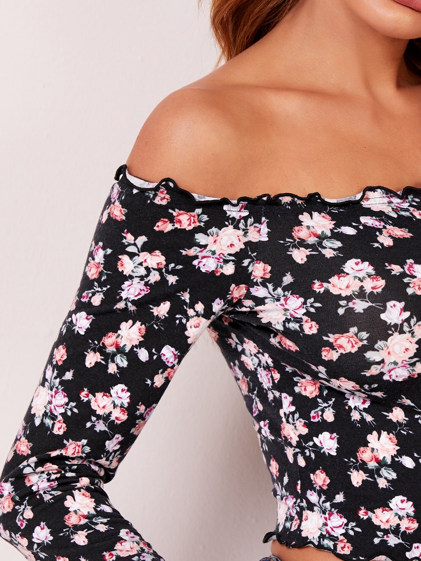 Floral Print Lettuce Trim Off Shoulder Top