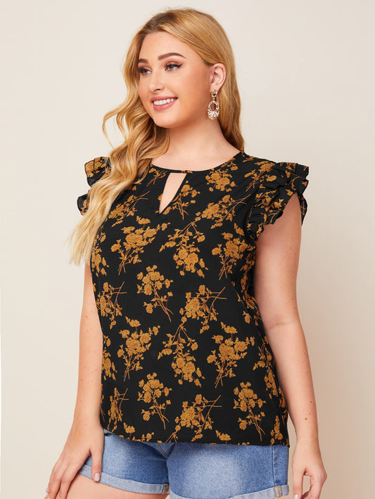 Plus Keyhole Back Ruffle Armhole Floral Top