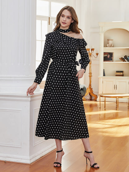 Asymmetrical Neck Ruffle Trim Belted Polka Dot Dress