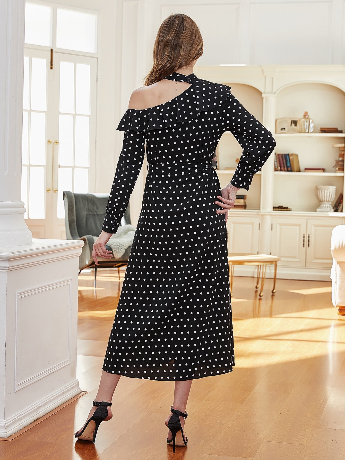 Asymmetrical Neck Ruffle Trim Belted Polka Dot Dress