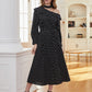 Asymmetrical Neck Ruffle Trim Belted Polka Dot Dress