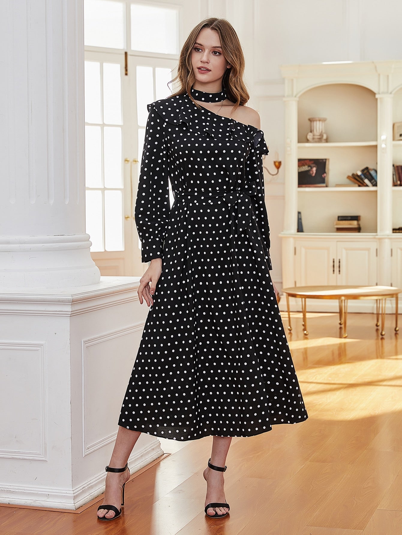 Asymmetrical Neck Ruffle Trim Belted Polka Dot Dress