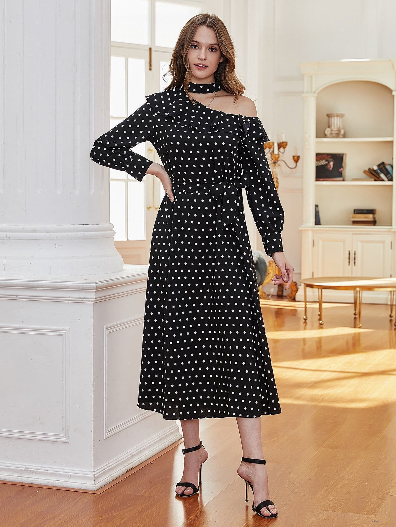 Asymmetrical Neck Ruffle Trim Belted Polka Dot Dress