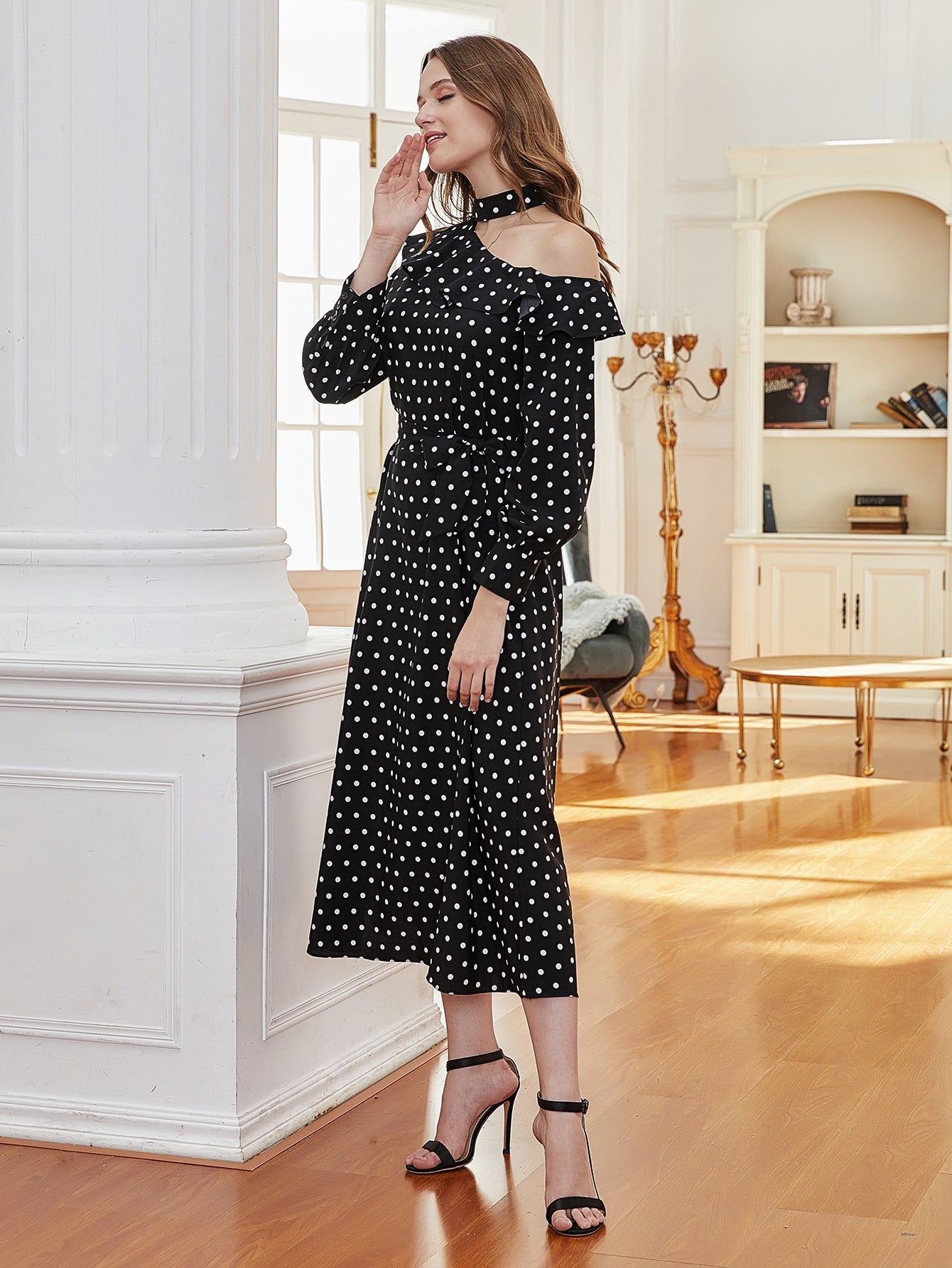 Asymmetrical Neck Ruffle Trim Belted Polka Dot Dress