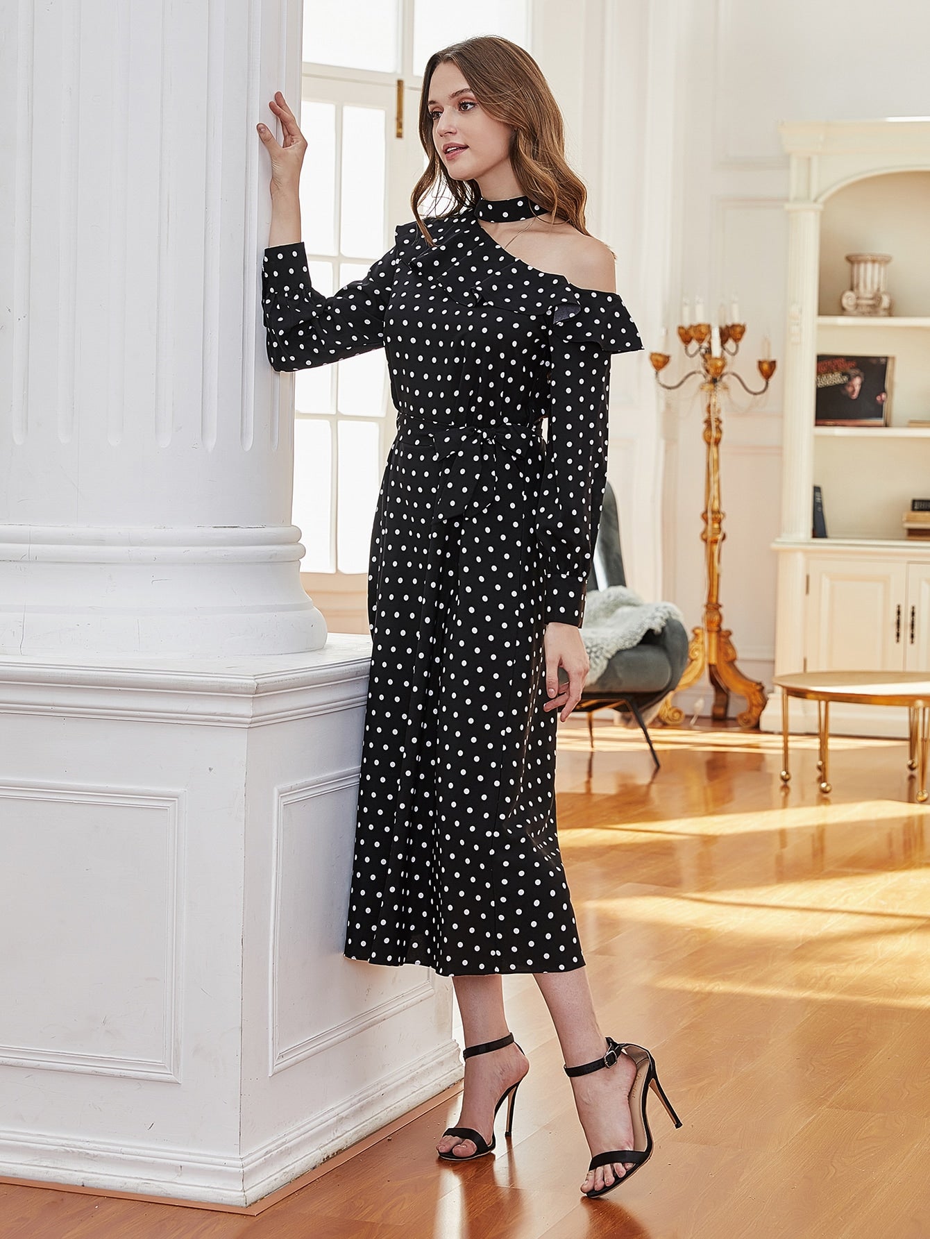 Asymmetrical Neck Ruffle Trim Belted Polka Dot Dress