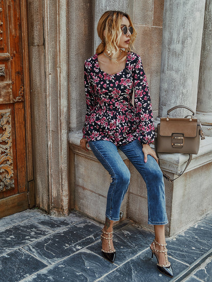 Allover Floral Sweetheart Neck Peplum Top