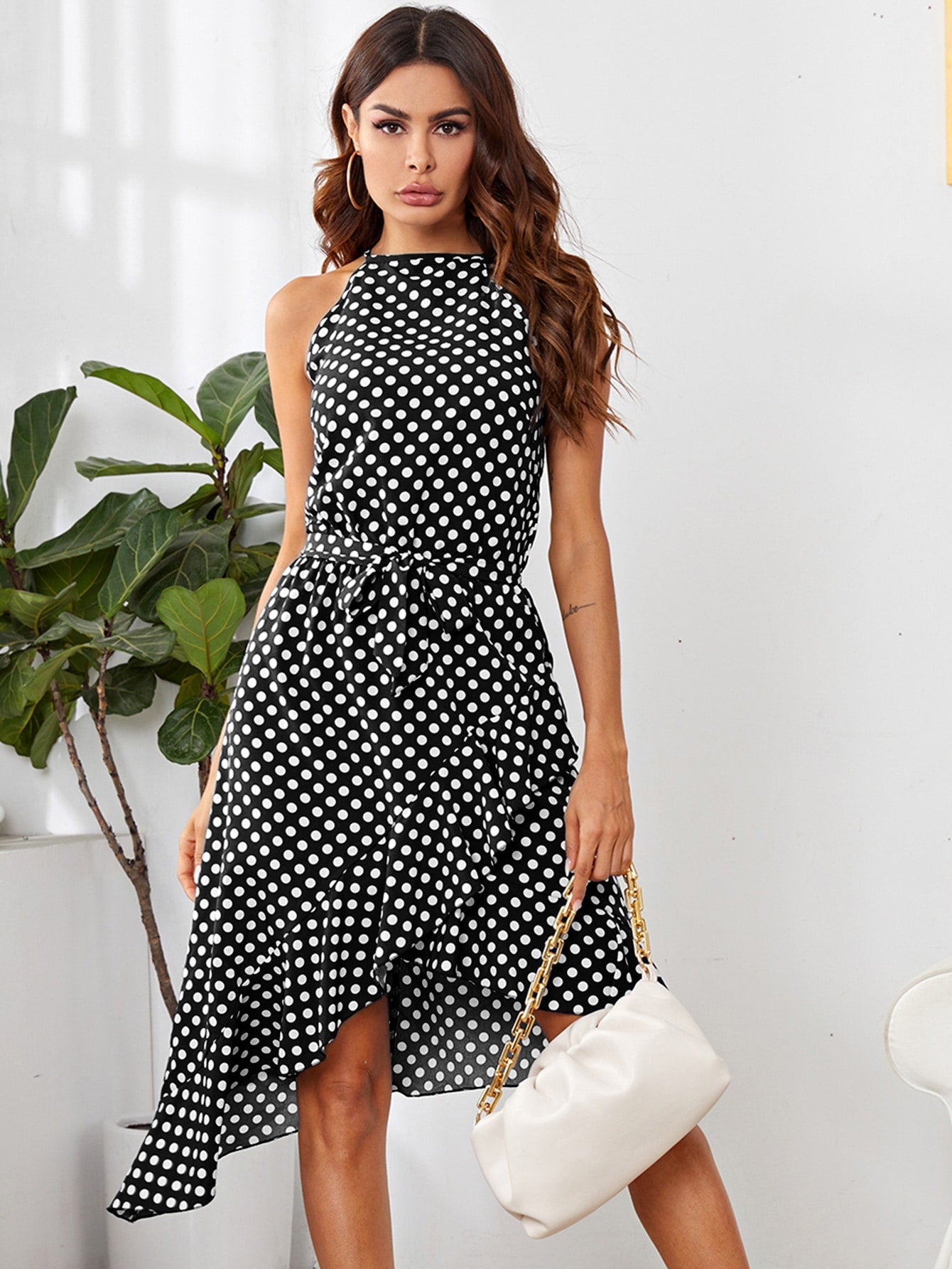 Polka-dot Print Asymmetrical Hem Belted Dress