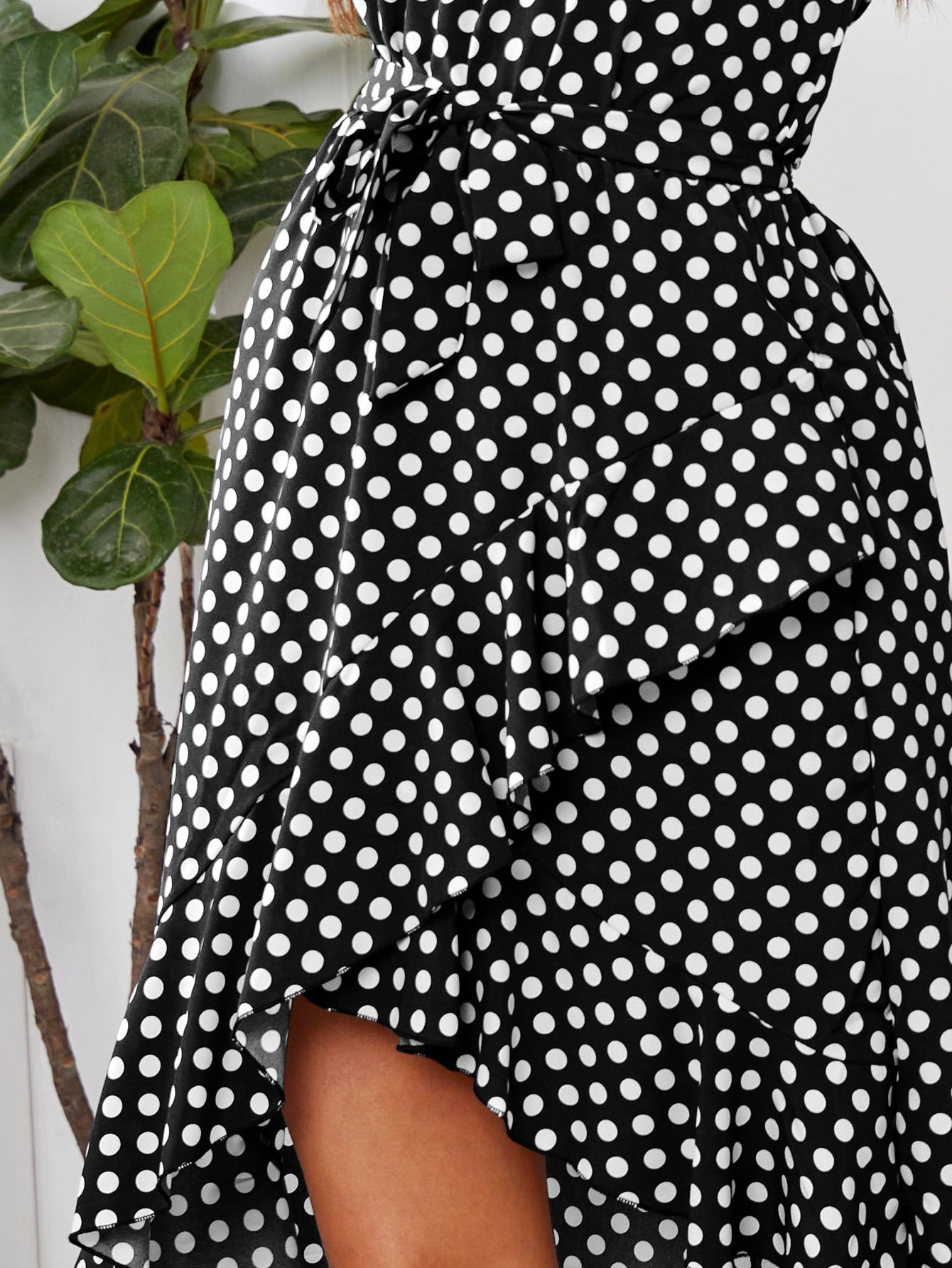 Polka-dot Print Asymmetrical Hem Belted Dress