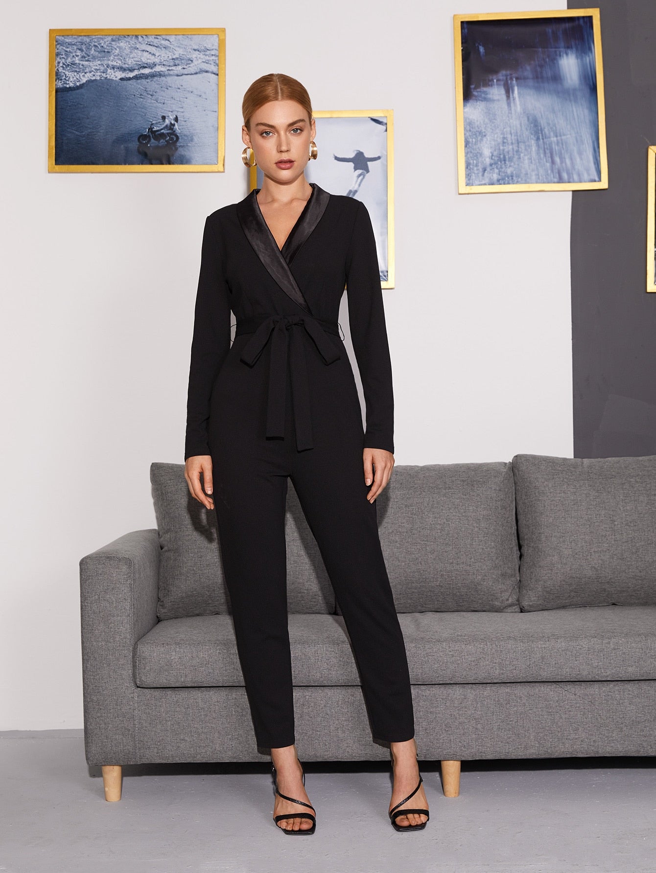 Shawl Collar Belted Jumpsuit