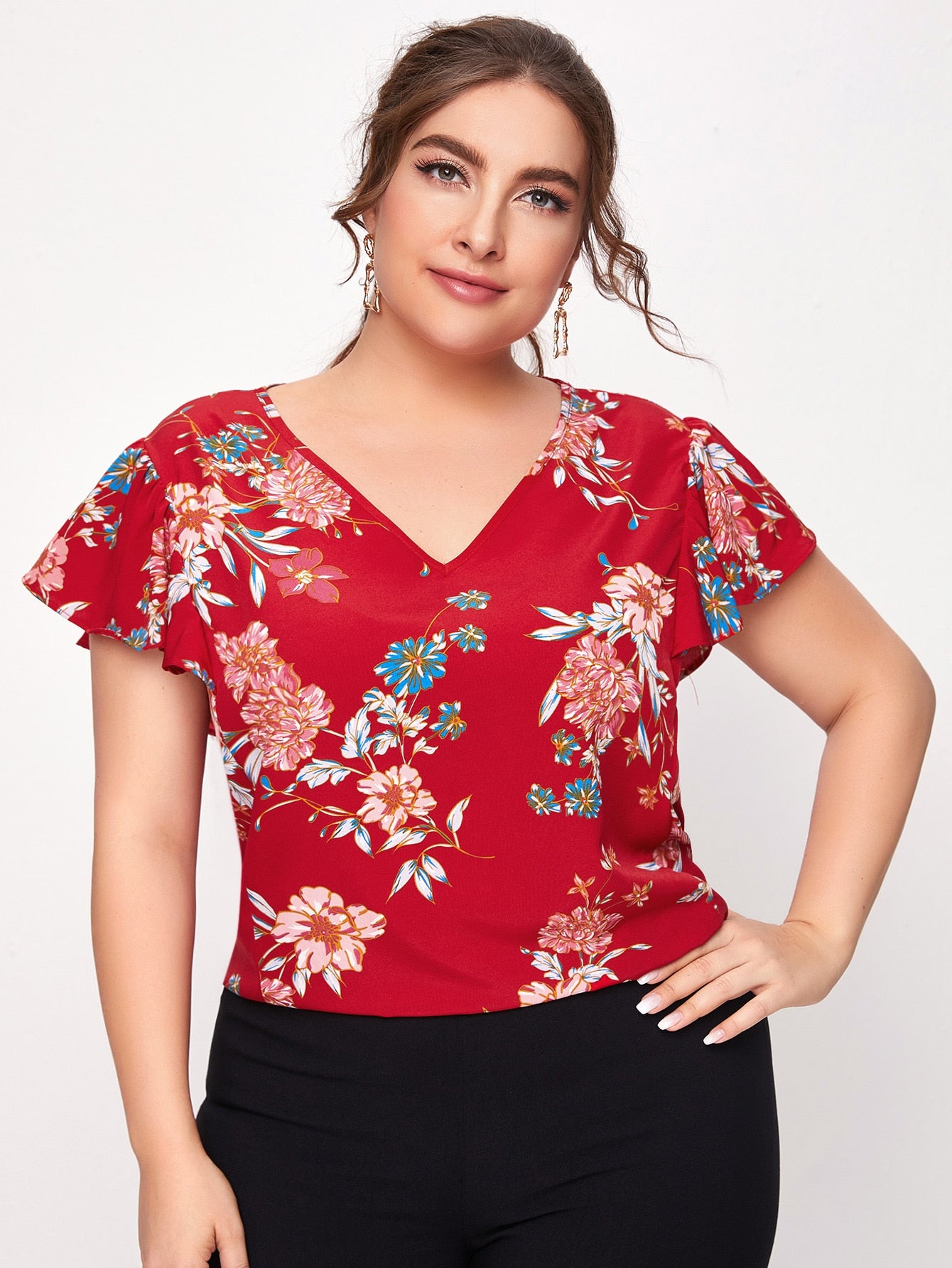 Plus Butterfly Sleeve Floral Top