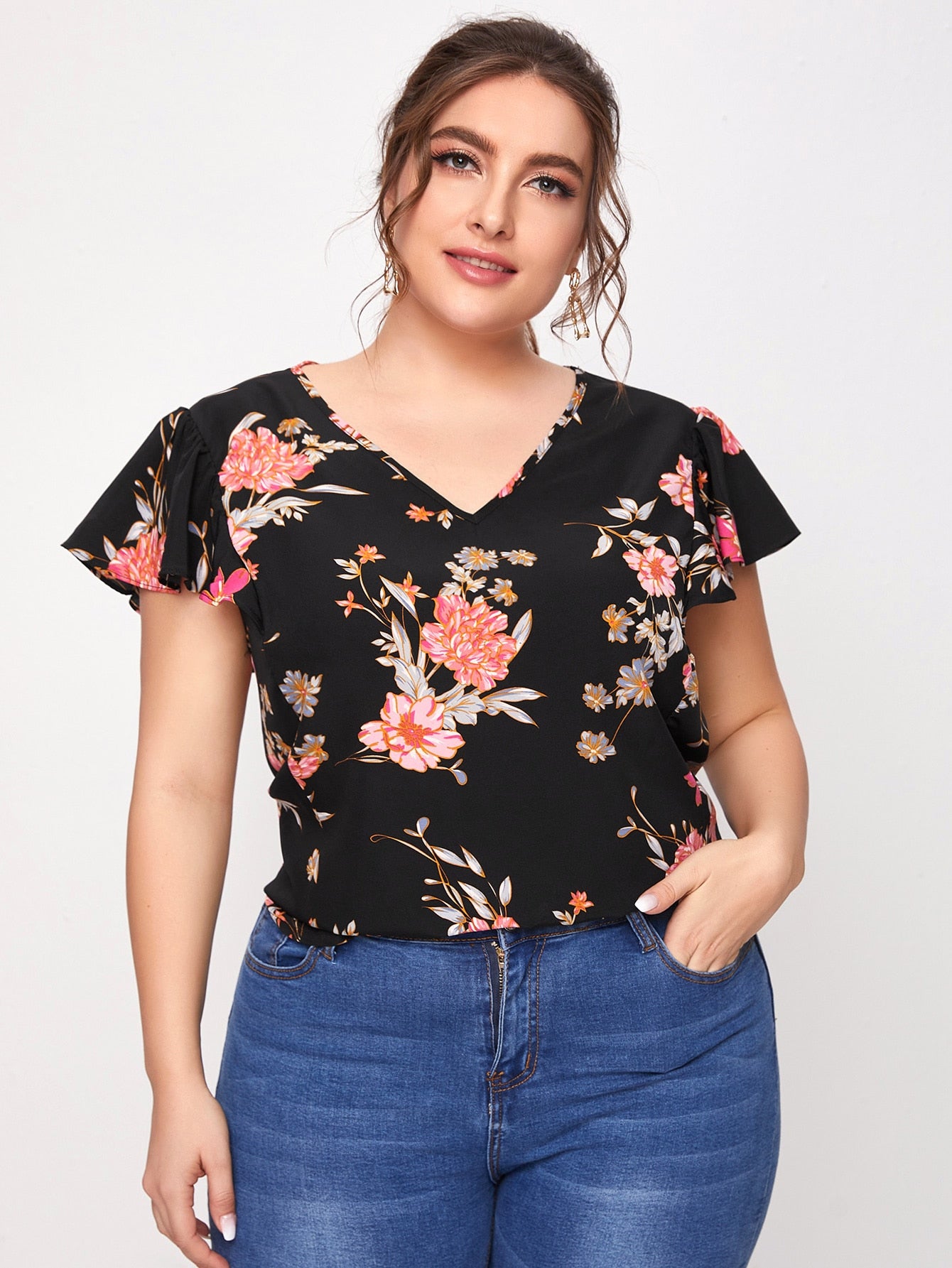 Plus Butterfly Sleeve Floral Top