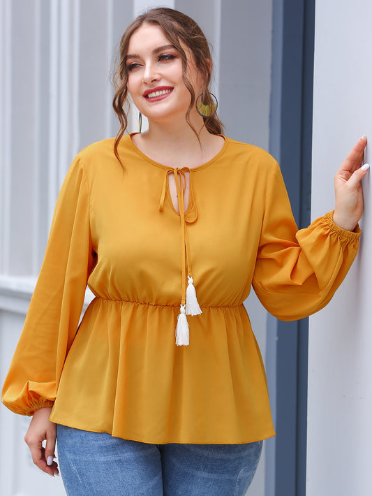 Plus Tie Neck Tassel Detail Babydoll Blouse