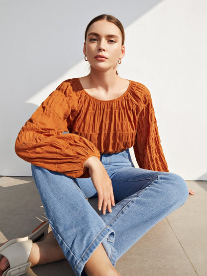 Lantern Sleeve Crinkle Top