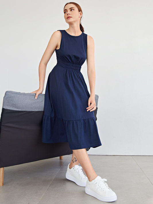 Shirred Waist Flounce Hem Dress