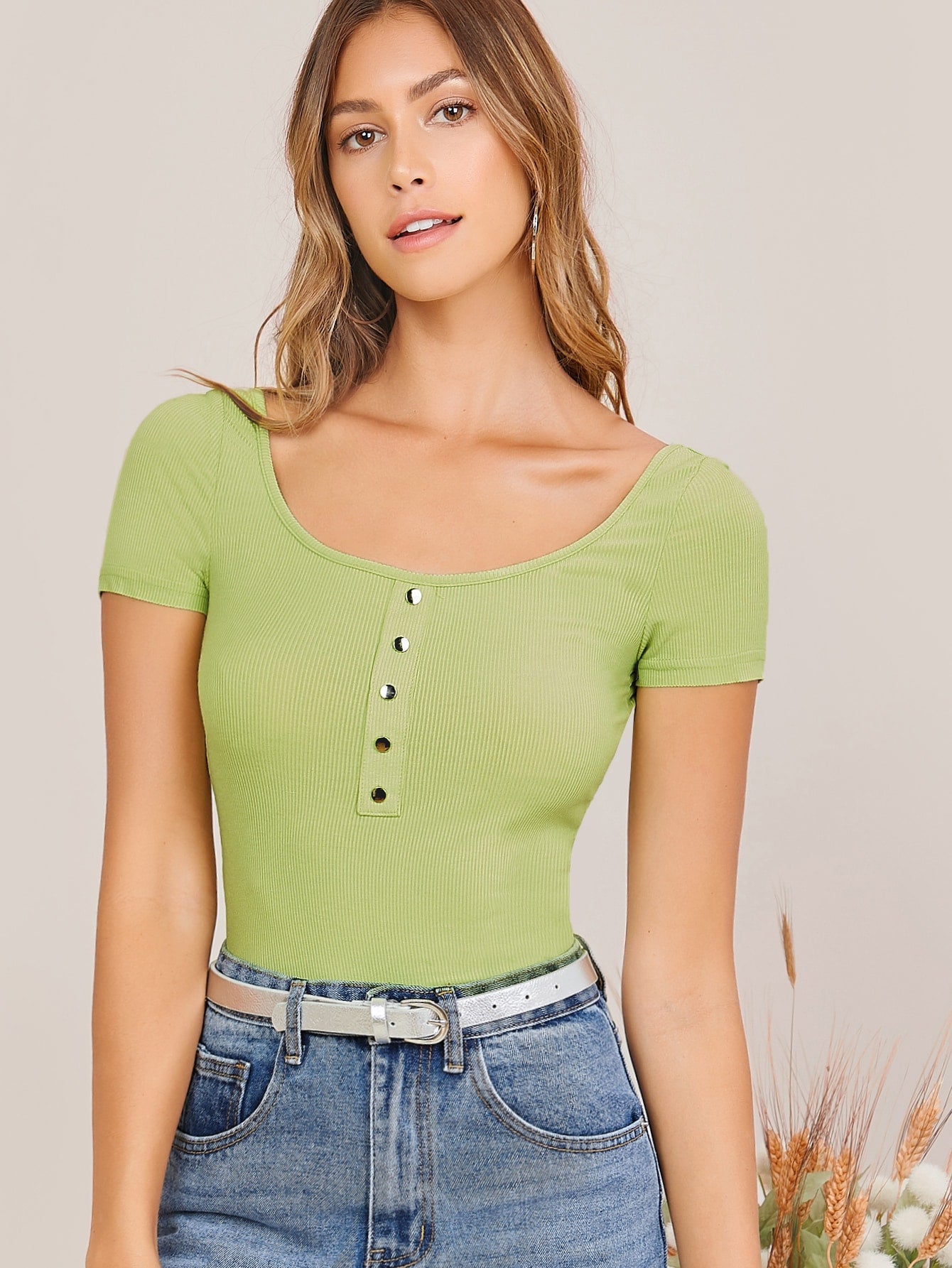 Buttoned Front Rib-knit Tee