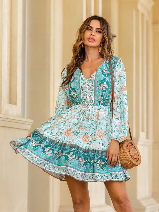 Floral Print Knot Waist Ruffle Hem Dress