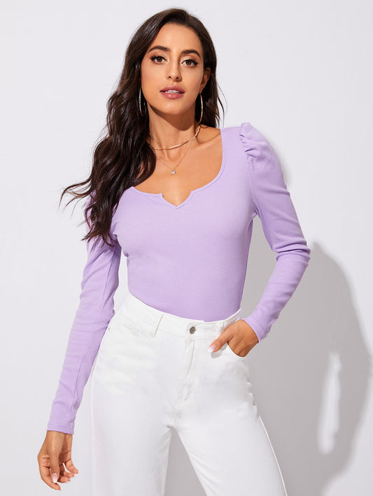 Puff Sleeve Notched Rib-knit Tee