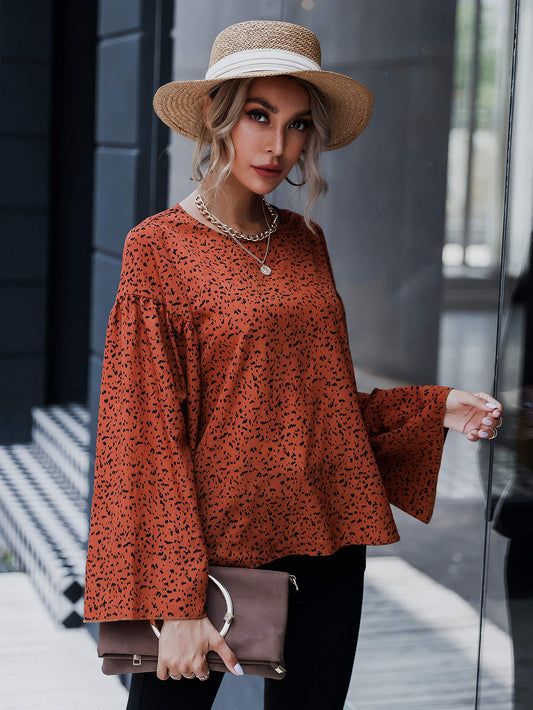 Keyhole Back Bell Sleeve Allover Print Top