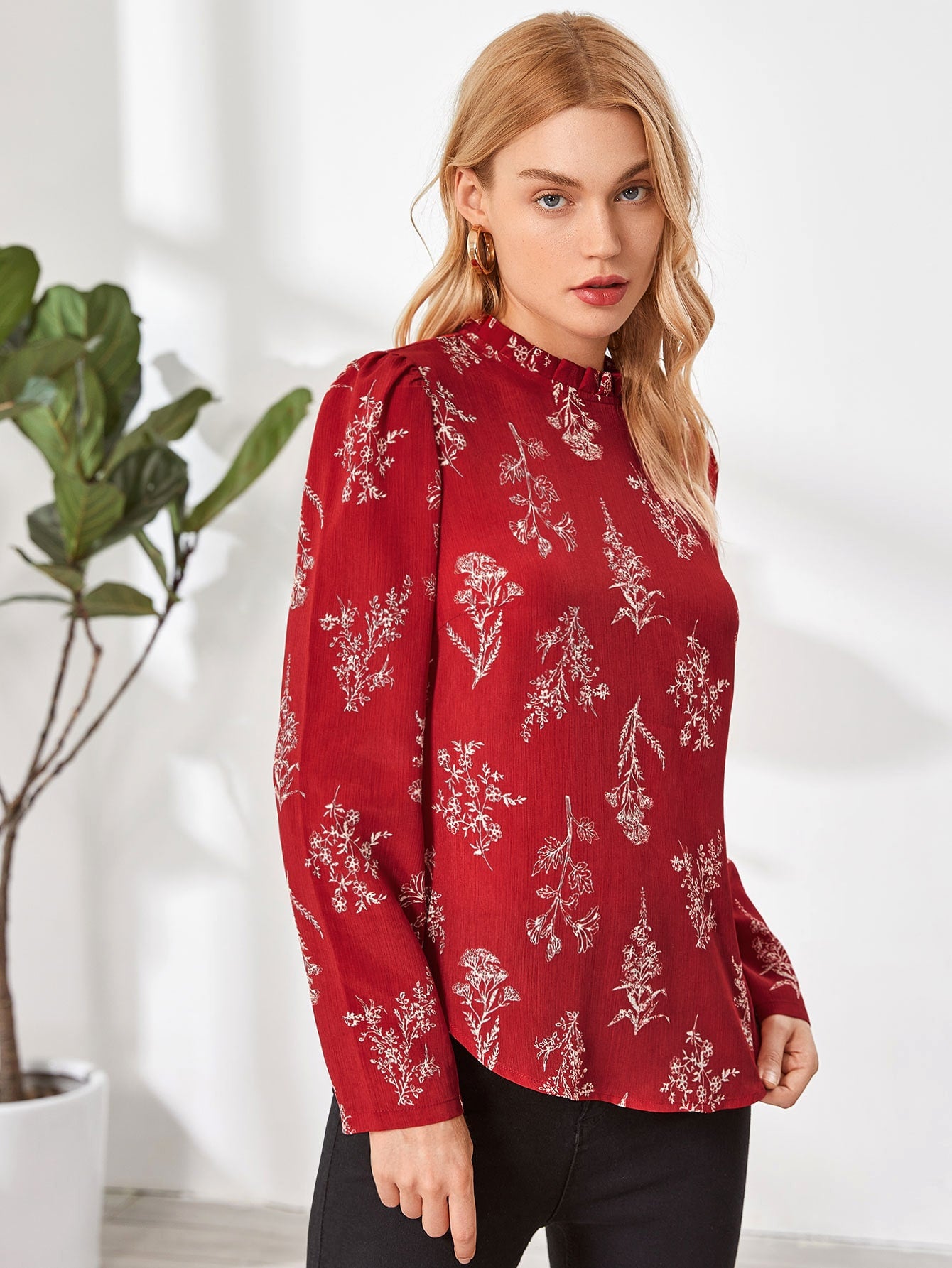 Botanical Print Frill Neck Curved Hem Top