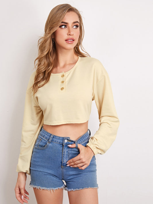 Button Front Drop Shoulder Crop Tee