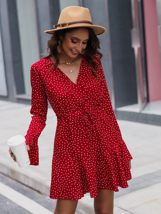 Drawstring Waist Ruffle Hem Polka Dot Dress