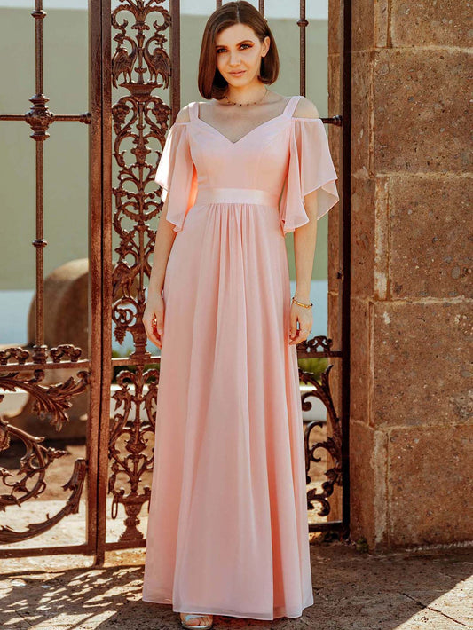 Cold Shoulder Flutter Sleeve Maxi Formal Dress