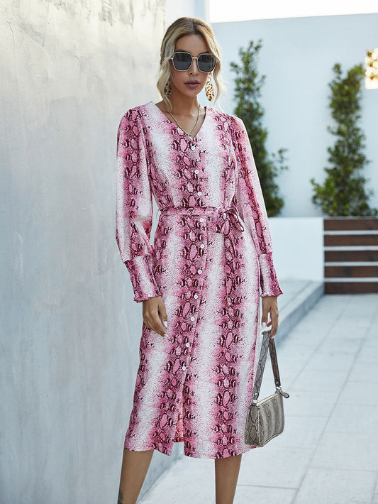 Snakeskin Button Front Self Tie Fitted Dress