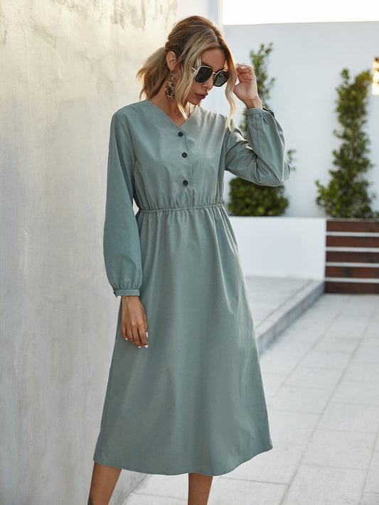 V-neck Quarter Button A-line Dress