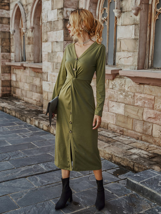 Twist Front Split Hem Solid Dress