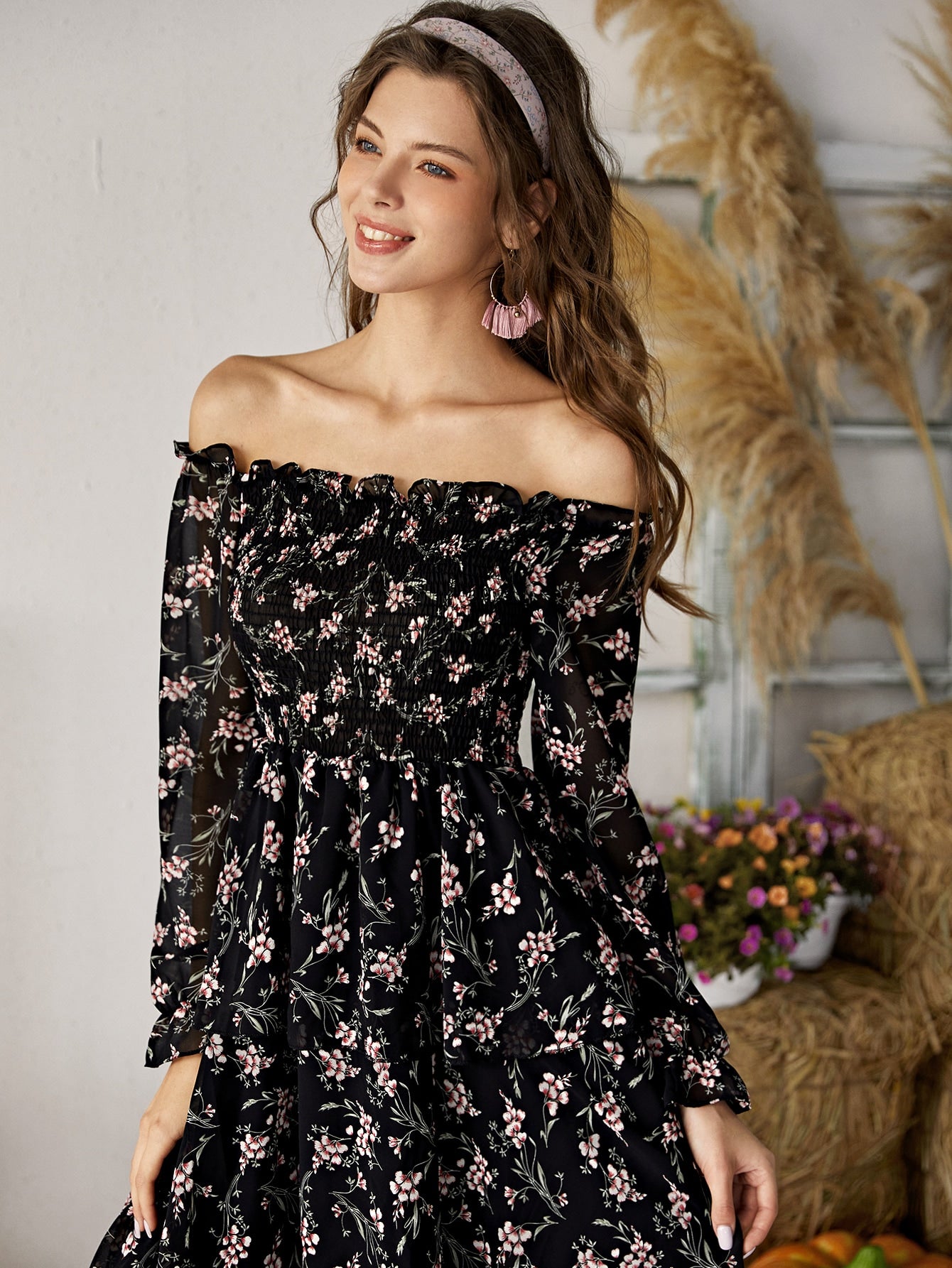 Off-the-shoulder Allover Floral Frill Dress