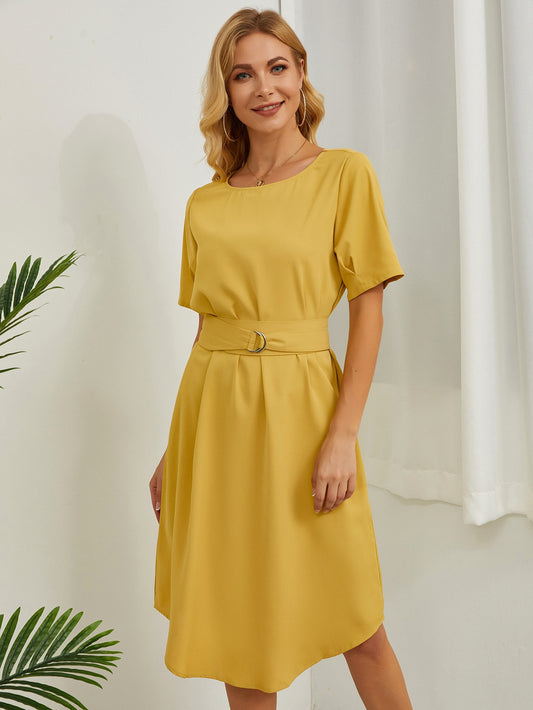 Curved Hem Solid Belted Dress