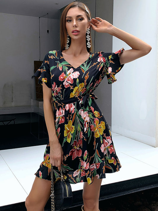 Flounce Sleeve Belted Ruffle Hem Floral Dress
