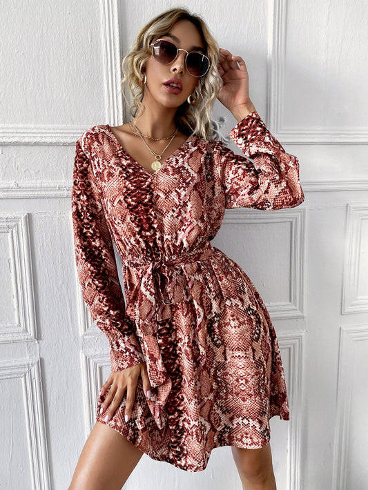 V-neck Snakeskin Print Belted Dress